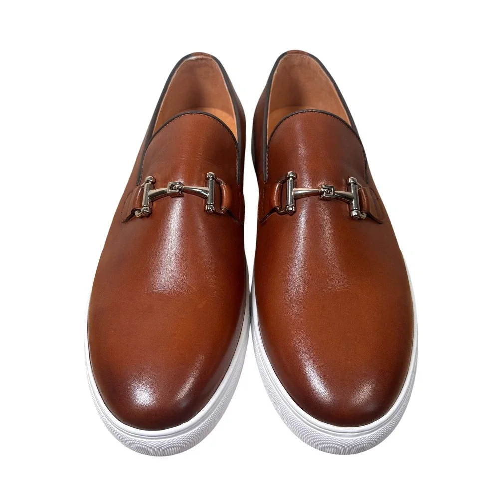 Marc Nolan Mens Cognac Brown Leather Bit Loafer Sneakers Silver Hardware SZ 16